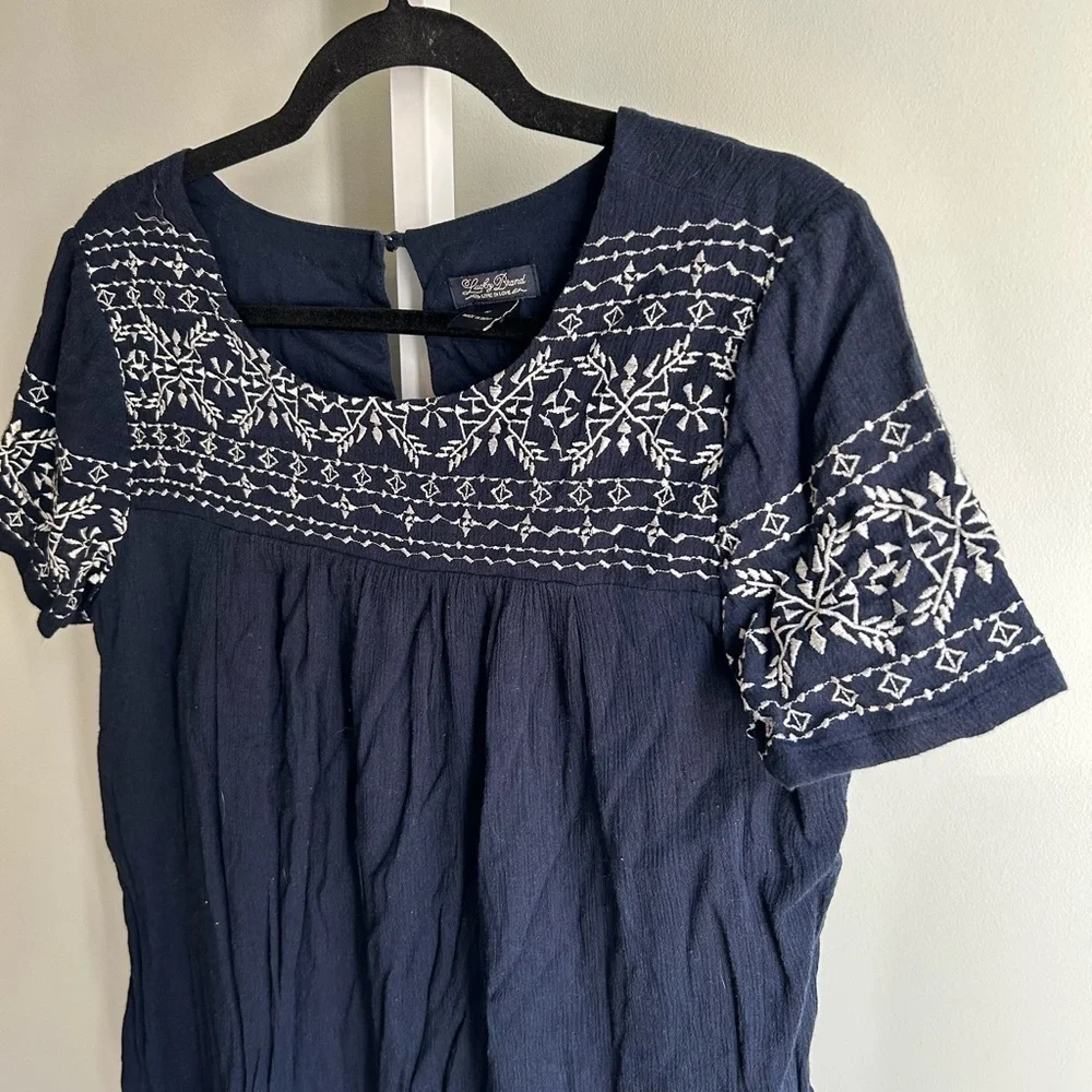 Lucky Brand Navy Embroidered Short Sleeve Dress - Picture 2 of 4